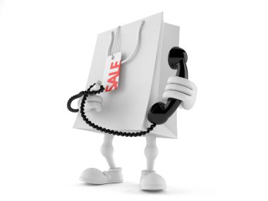 Alışveriş çantası karakteri bir telefon ahizesi tutuyor.