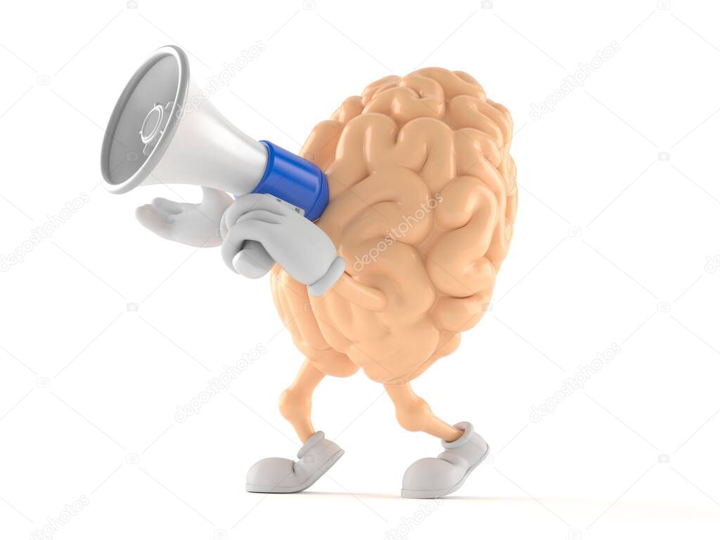 Brain character holding megaphone