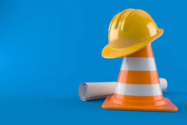 Traffic cone with hardhat and blueprint — Stock Photo, Image