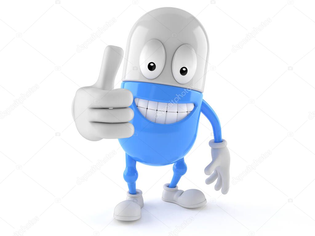 Pill character with thumbs up gesture