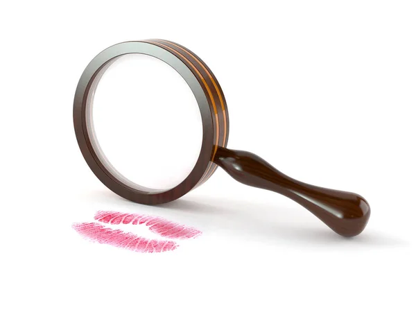 Magnifying glass with lipstick kiss — Stock Photo, Image