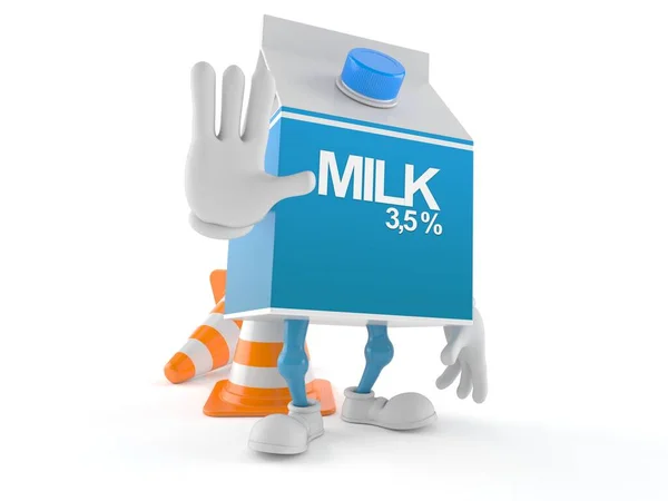 Caráter da caixa de leite com cone de tráfego — Fotografia de Stock