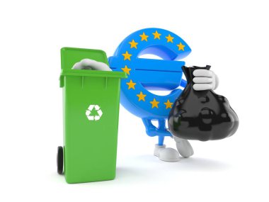 Euro currency character holding garbage bag