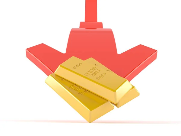 Gold ingots with red arrow — Stock Photo, Image