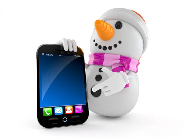 Snowman postać ze smartfonem — Zdjęcie stockowe