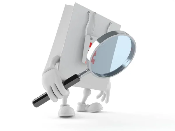 Shopping bag character looking through magnifying glass — Stock Photo, Image