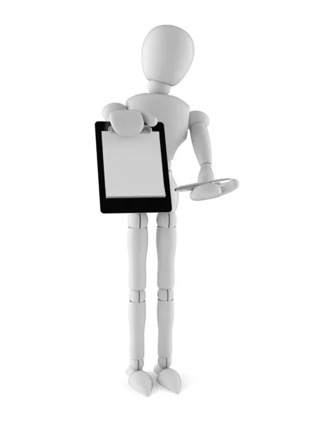 White dummy character with blank clipboard — Stok fotoğraf