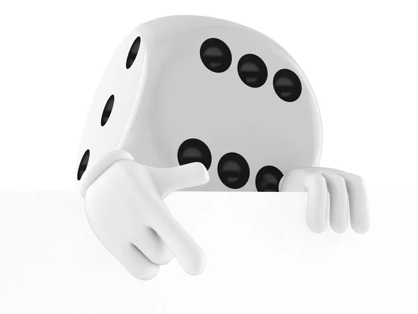 Dice character behind white board — Stock Photo, Image