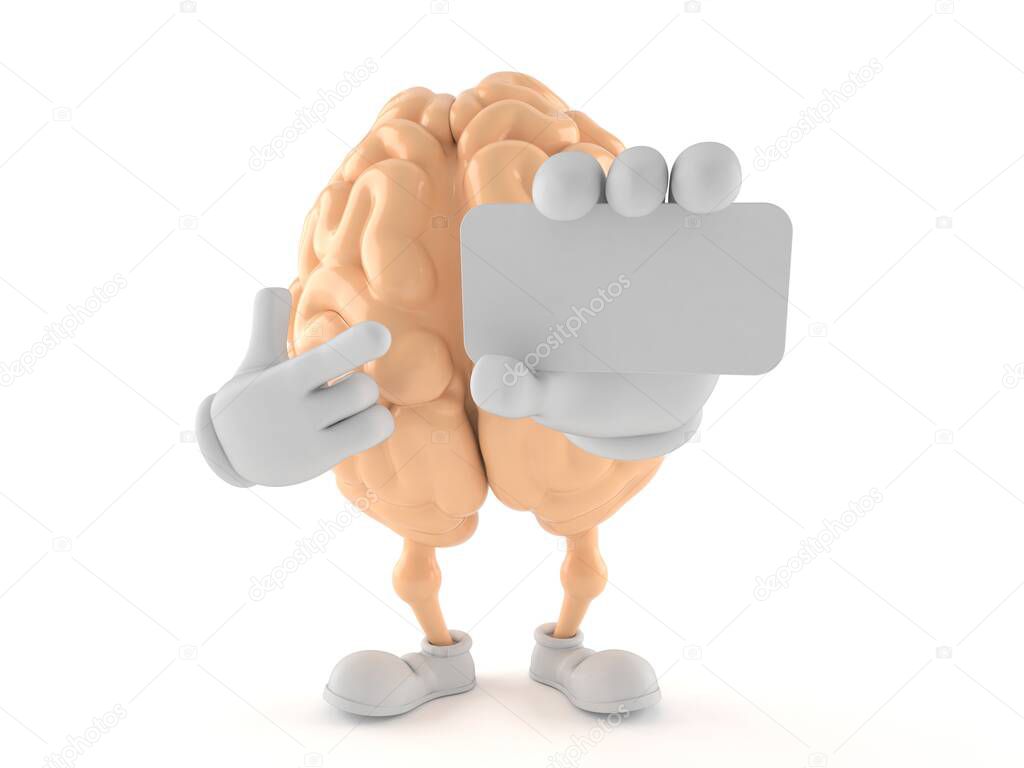 Brain character holding blank business card