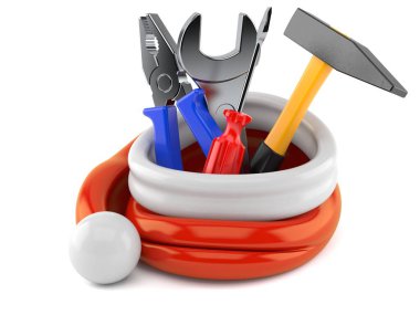 Noel Baba şapkası içinde çalışma araçları