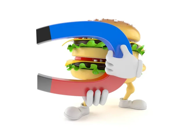 Hamburger character holding horseshoe magnet — Stock Photo, Image