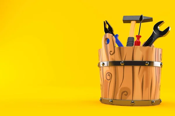 Work tools inside wooden bucket
