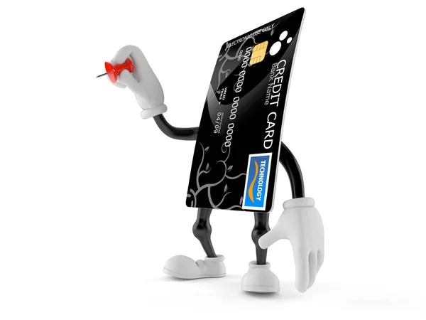 Personaje de la tarjeta de crédito que sostiene thumbtack — Foto de Stock