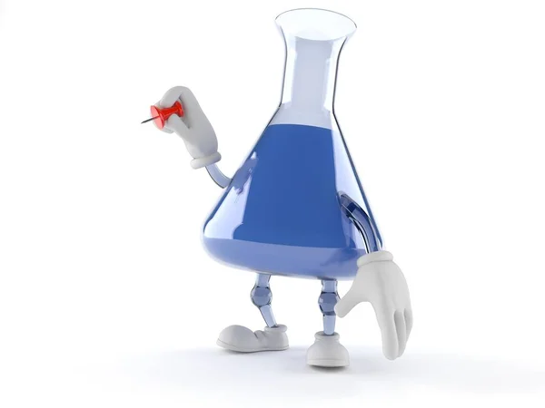 Chemistry flask character holding thumbtack — Stock Photo, Image