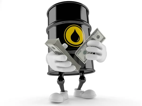 Caráter de barril de petróleo contando dinheiro — Fotografia de Stock
