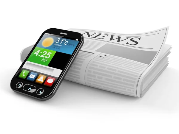 Zeitung mit Smartphone — Stockfoto