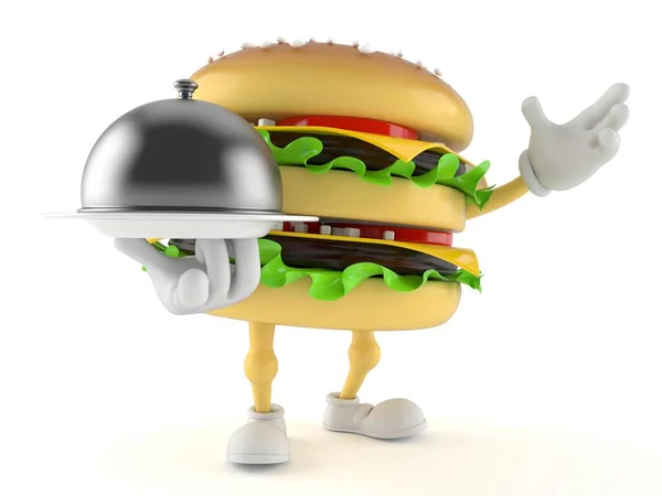Hamburger character holding catering dome — Stock Photo, Image