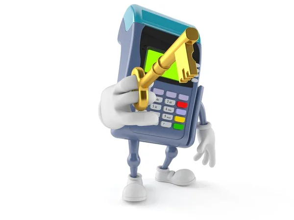 Credit card reader character holding door key — Stock Photo, Image