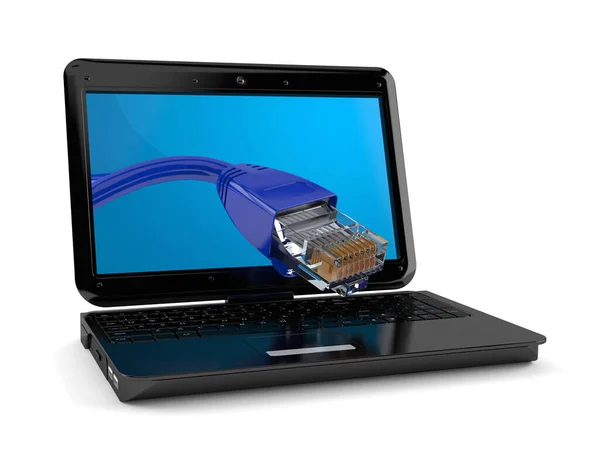 Laptop com cabo de internet — Fotografia de Stock