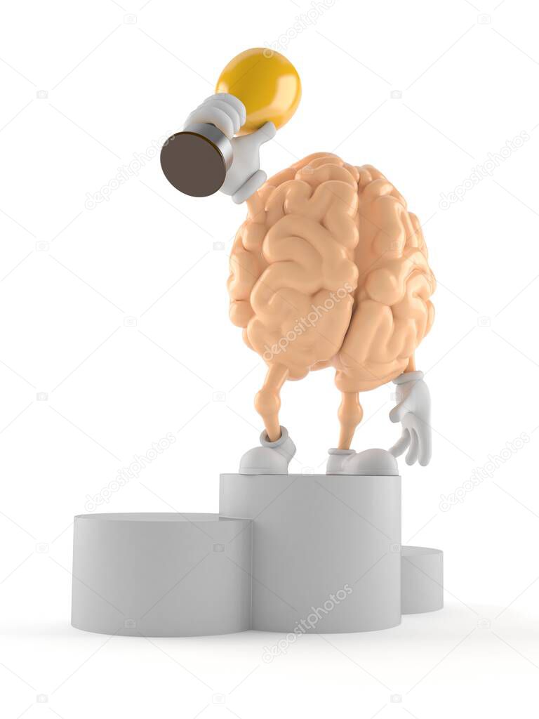 Brain character holding golden trophy