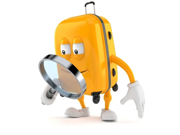 Suitcase character looking through magnifying glass — Stock Photo, Image