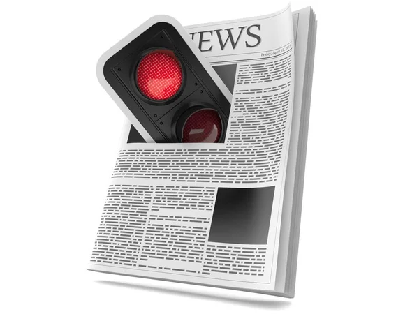 Newspaper with red traffic light — Stock Photo, Image