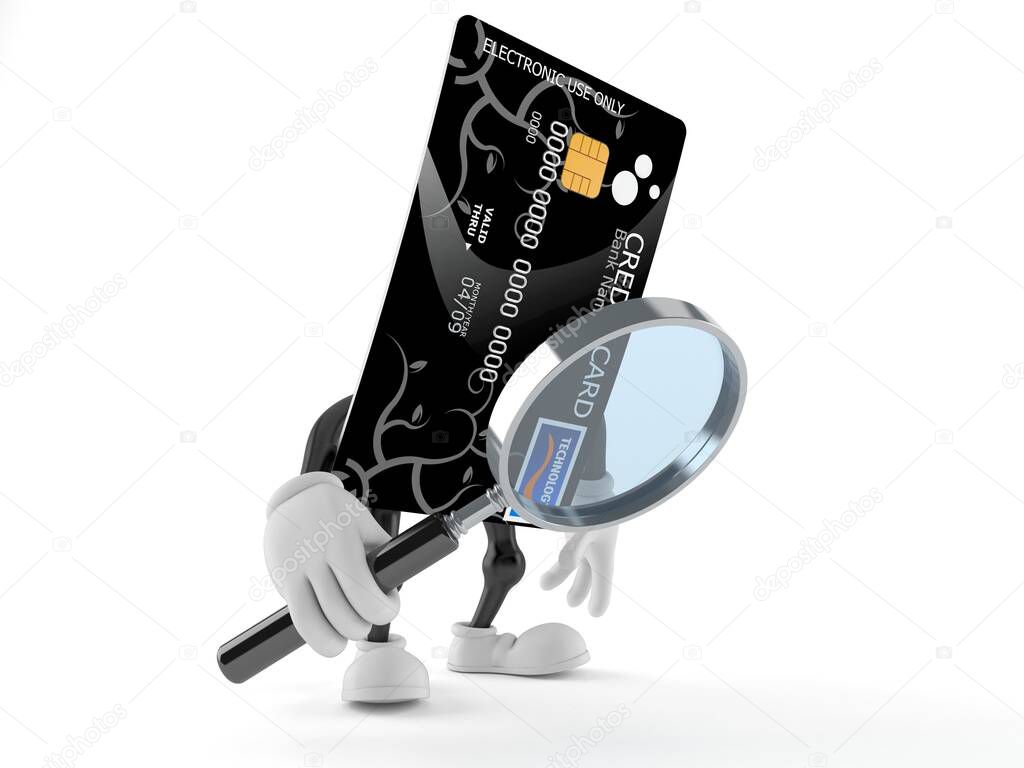 Credit card character looking through magnifying glass