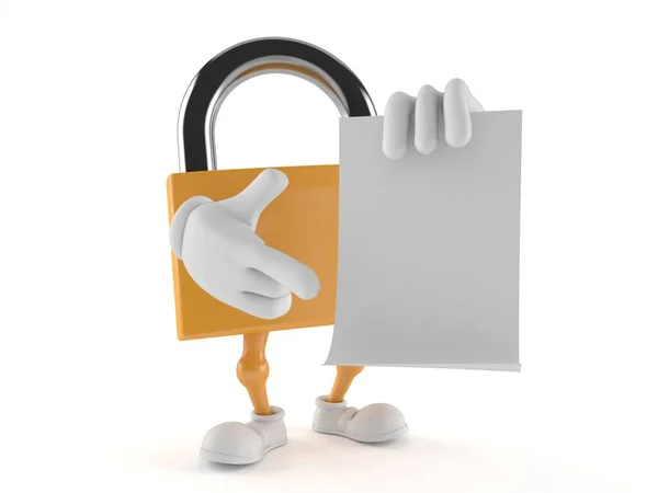 Padlock character with blank sheet of paper — Stock Photo, Image