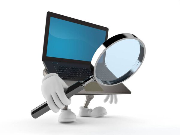 Laptop character with magnifying glass