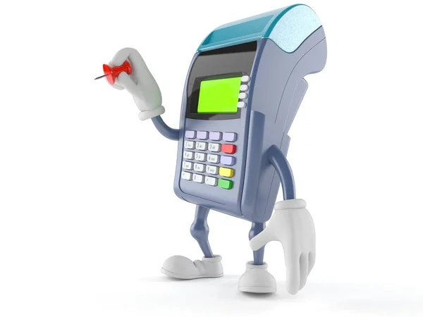 Caráter leitor de cartão de crédito segurando thumbtack — Fotografia de Stock