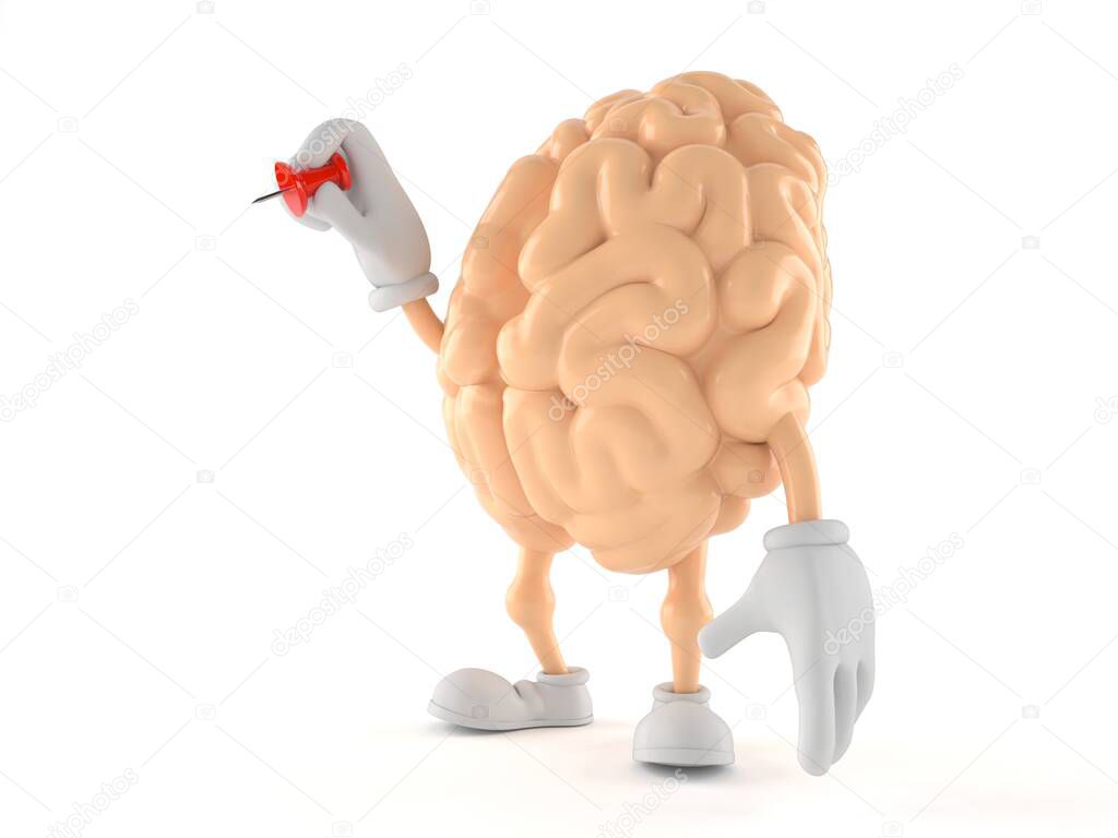 Brain character holding thumbtack