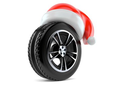 Noel Baba şapkalı araba tekerleği