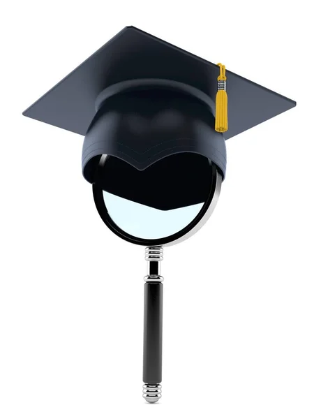 Magnifying glass with mortarboard — Stock Photo, Image
