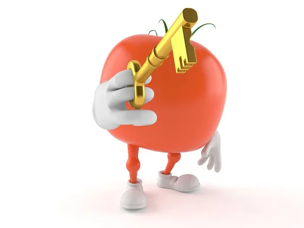 Pomidor postać trzymająca klucz do drzwi — Zdjęcie stockowe
