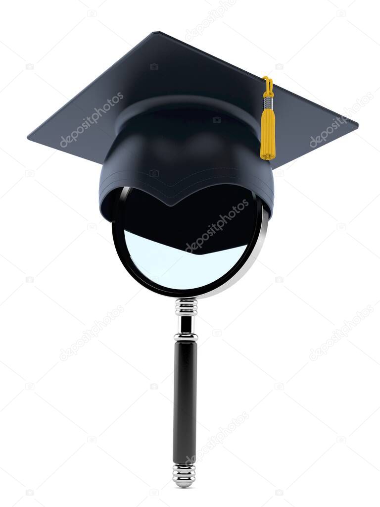 Magnifying glass with mortarboard