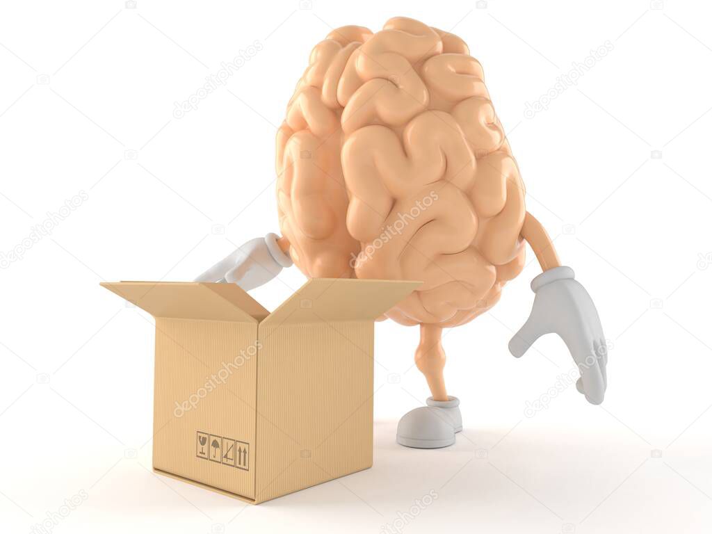 Brain character with open cardboard box