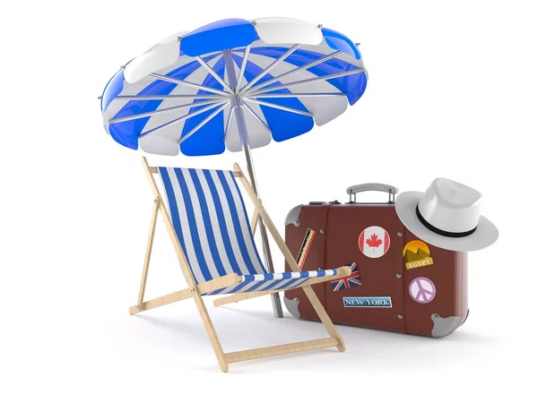 Umbrella with suitcase and deck chair — Stock Photo, Image