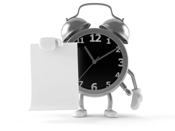 Caráter do relógio de alarme segurando folha em branco — Fotografia de Stock