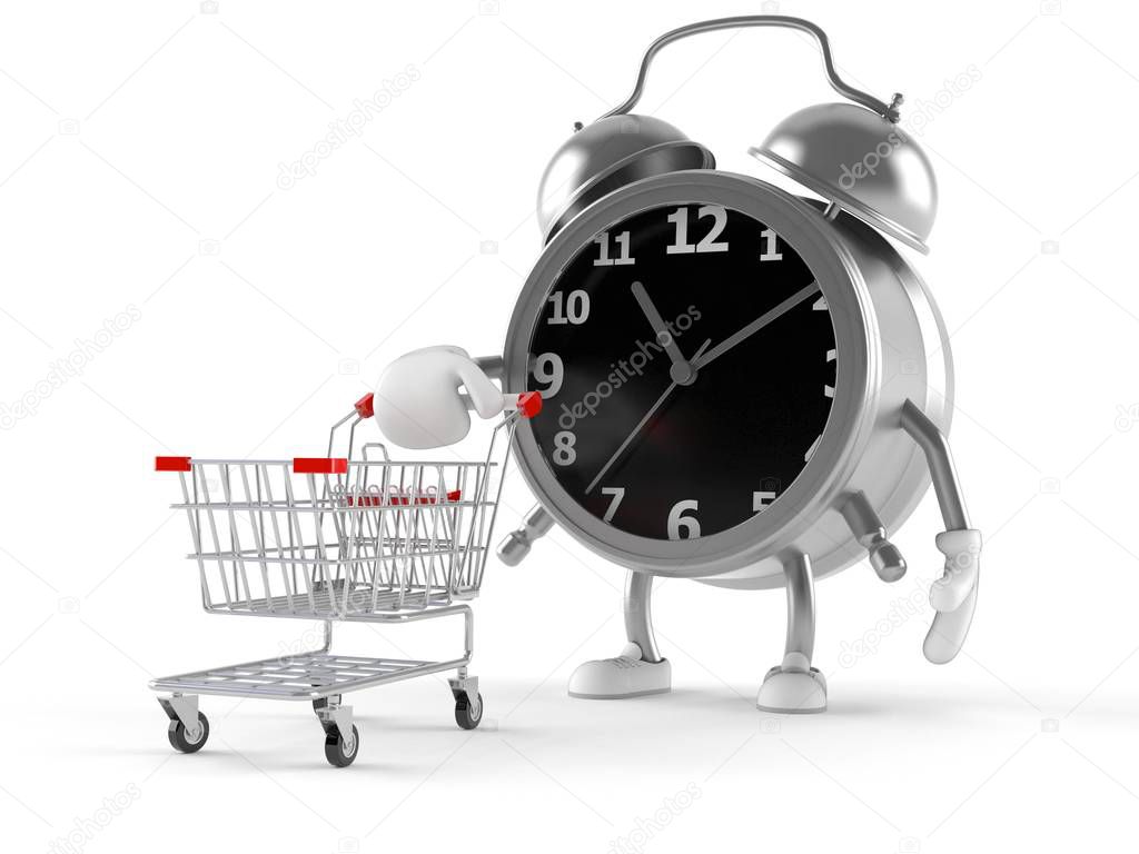 Alarm clock character with shopping cart