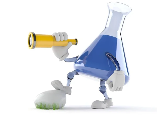 Химический персонаж в фляжке, смотрящий в телескоп — стоковое фото