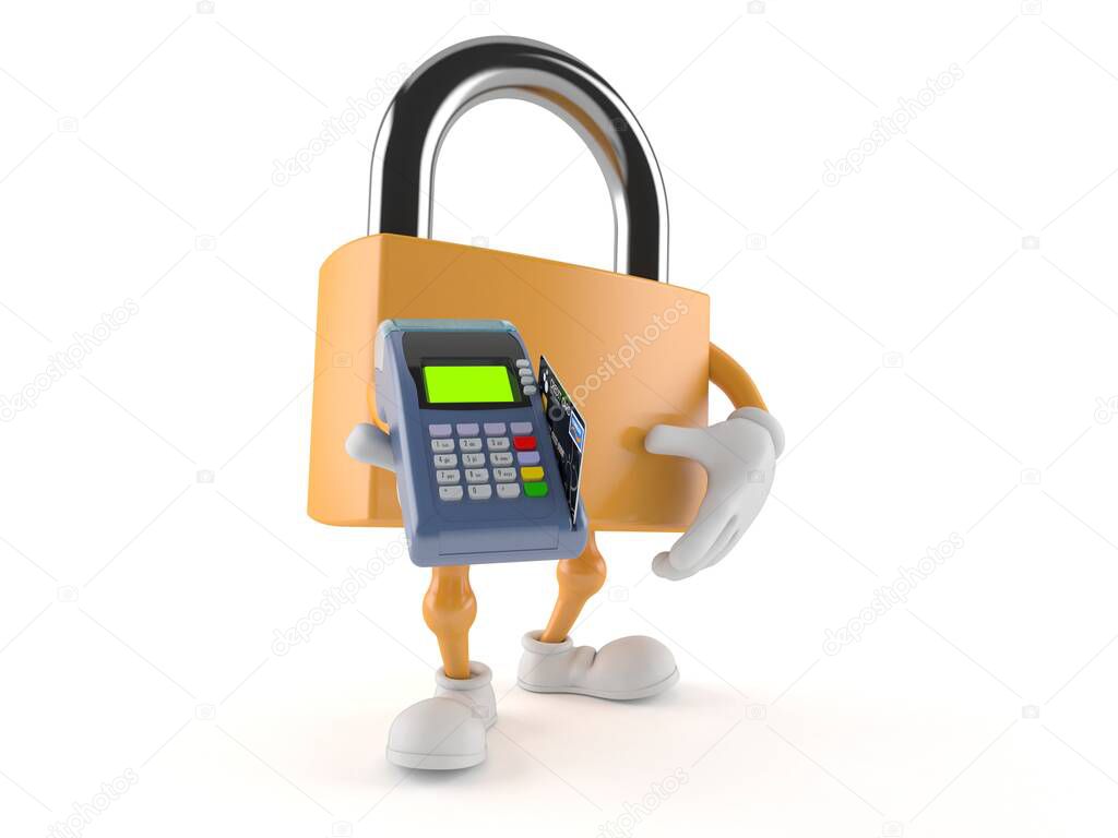 Padlock character holding credit card reader