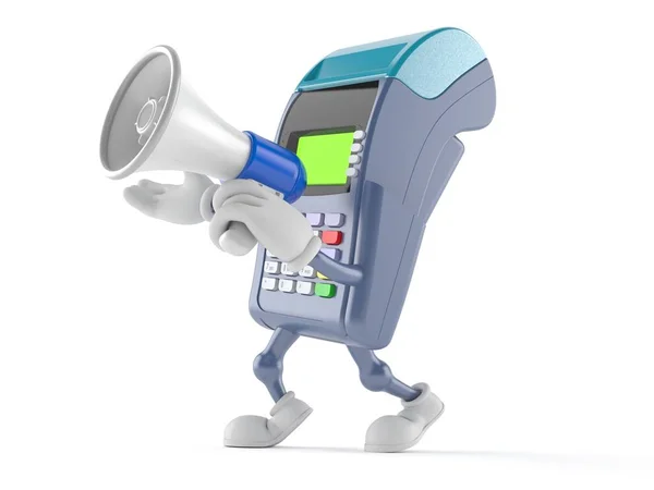 Credit card reader character speaking through a megaphone