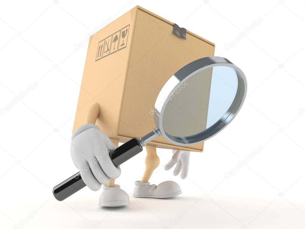 Package character looking through magnifying glass