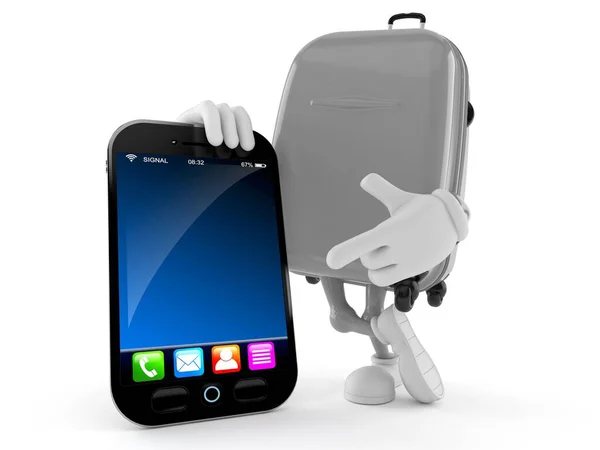 Personagem da mala com telefone inteligente — Fotografia de Stock
