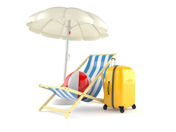 Umbrella with suitcase and deck chair — Stock Photo, Image