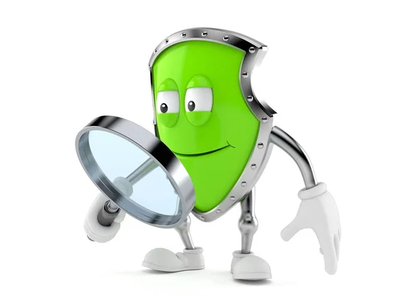 Shield character looking through magnifying glass — Stock Photo, Image