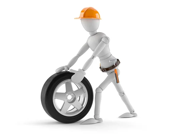 Trabalhador manual com roda de carro — Fotografia de Stock