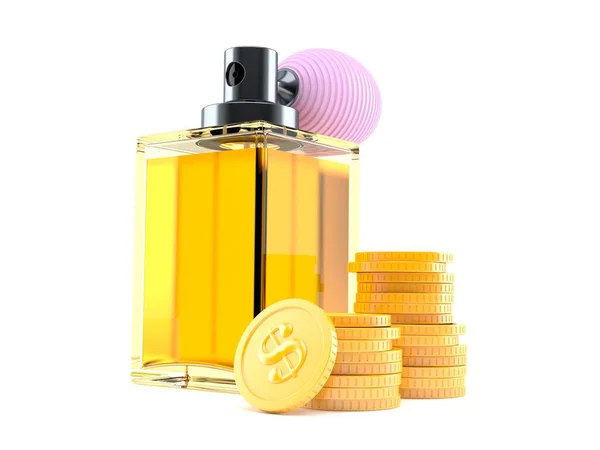 Frasco de perfume com pilha de moedas — Fotografia de Stock