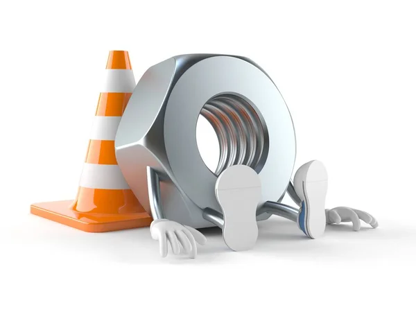 Nut character with traffic cone — Stock Photo, Image