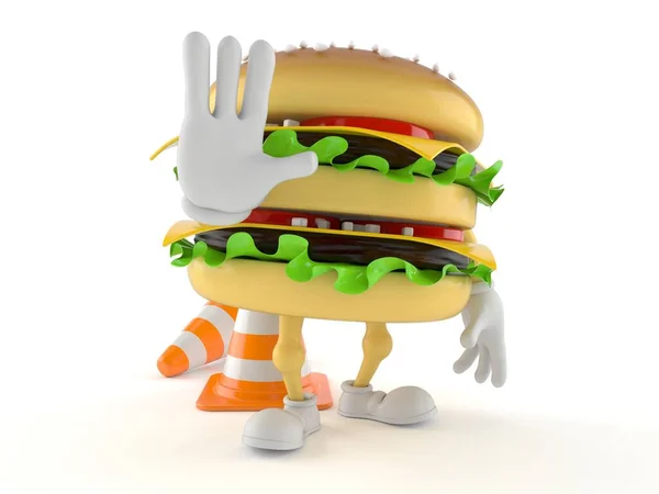 Trafik konisi olan hamburger karakteri — Stok fotoğraf